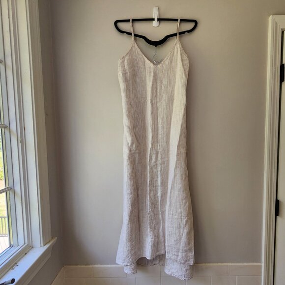 Antibes Blanc Striped Linen Maxi Dress | Medium | Gold Tan Cream RN 59478 - Picture 1 of 8